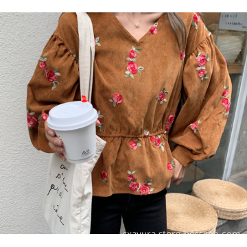 Warm casual V-neck embroidered top